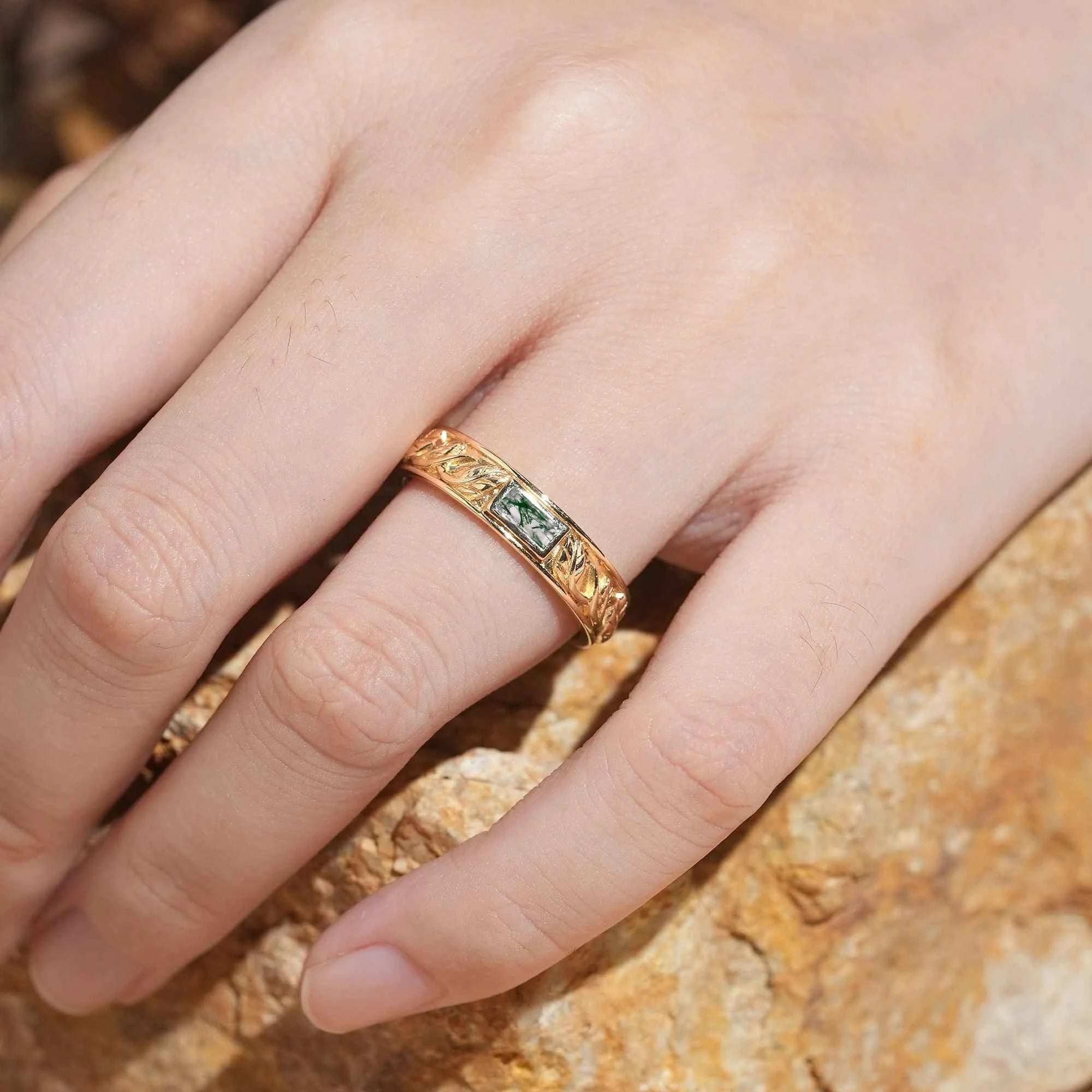 Leaf Inspired Rectangle Moss Agate Men's Band - Zane - GemsMagic