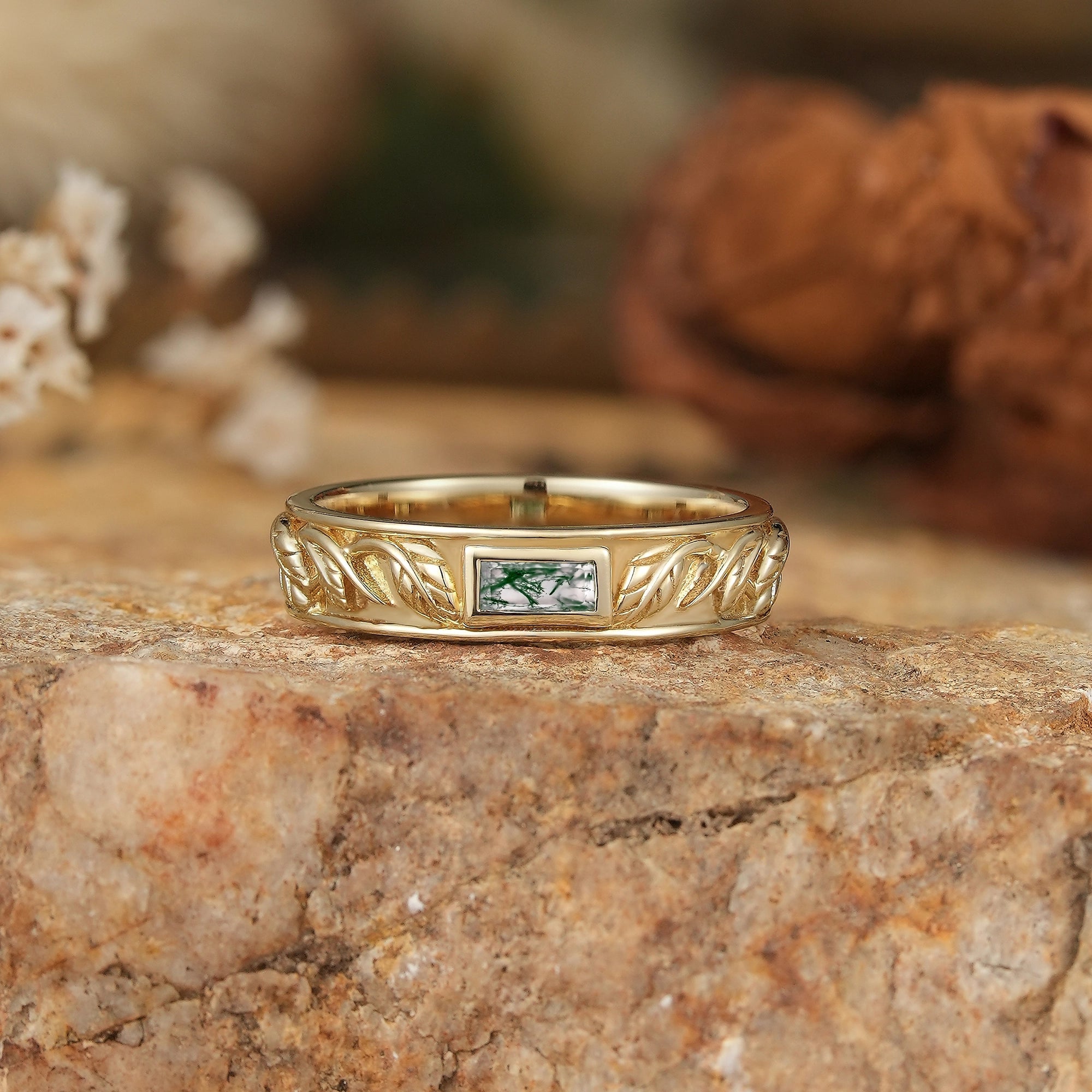 Leaf Inspired Rectangle Moss Agate Men's Band - Zane - GemsMagic
