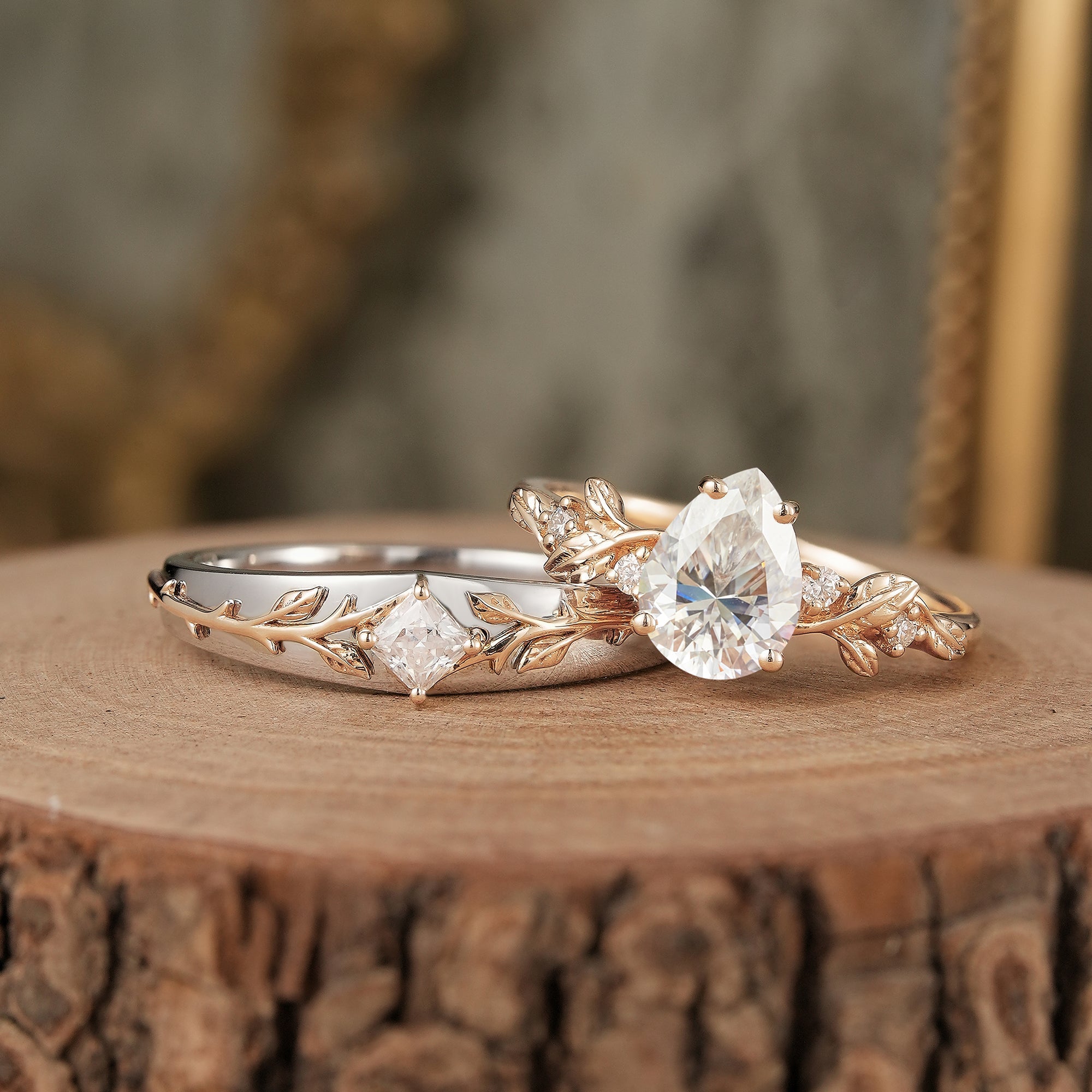 Leaf lnspired Moissanite Couple Ring Set - Lock & Key - GemsMagic