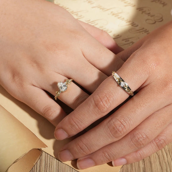 Leaf lnspired Moissanite Couple Ring Set - Lock & Key - GemsMagic