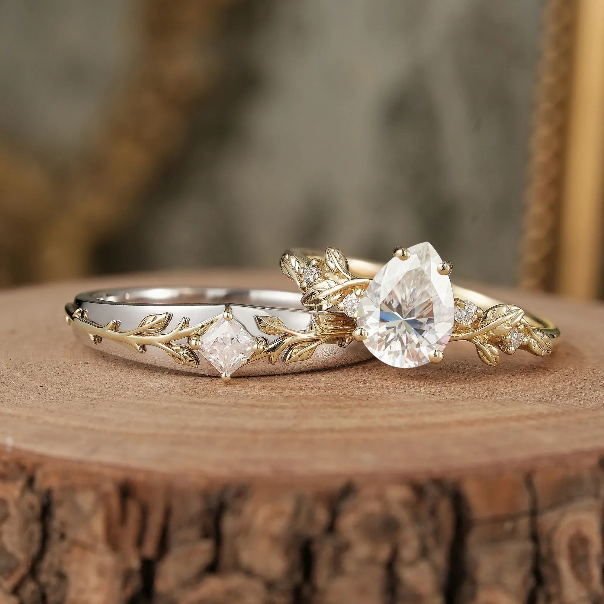 Leaf lnspired Moissanite Couple Ring Set - Lock & Key - GemsMagic