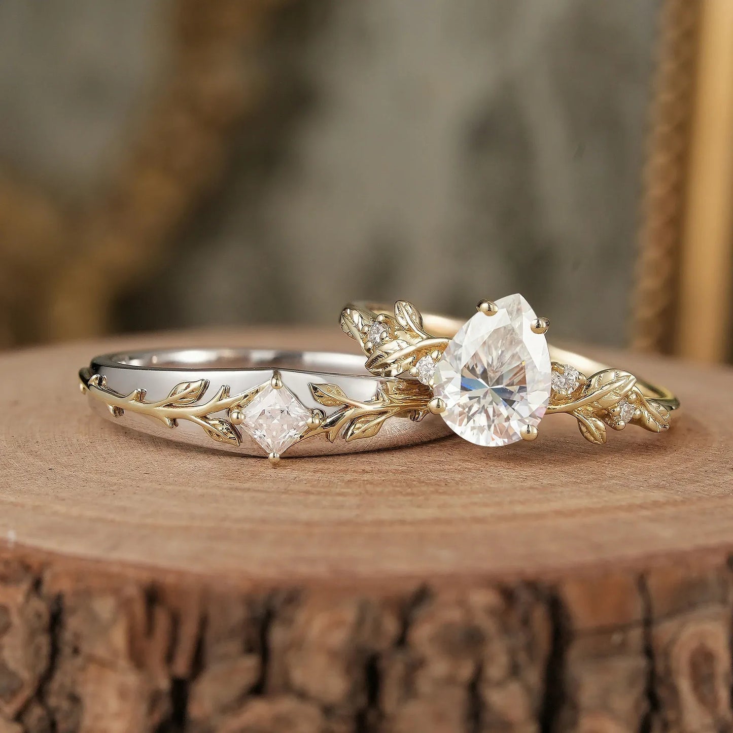 Leaf lnspired Moissanite Couple Ring Set - Lock & Key - GemsMagic