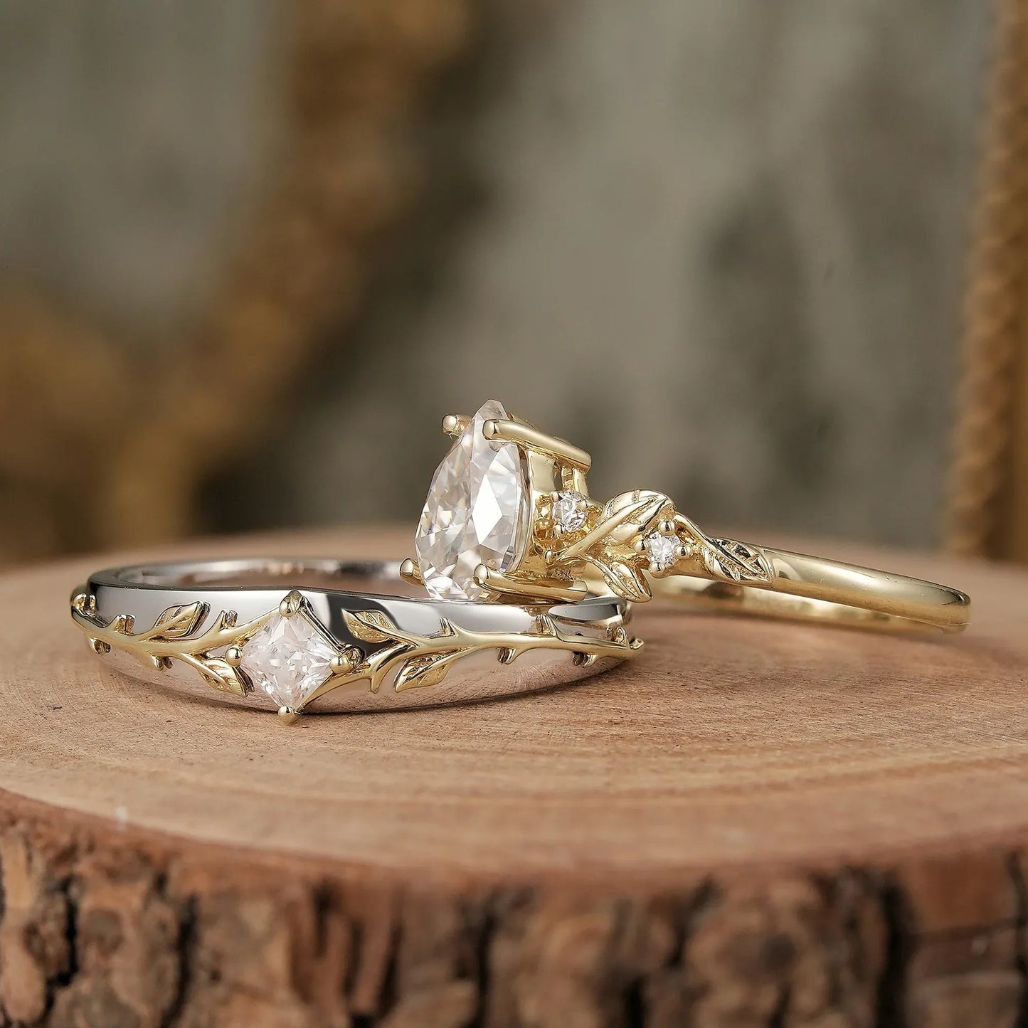 Leaf lnspired Moissanite Couple Ring Set - Lock & Key - GemsMagic