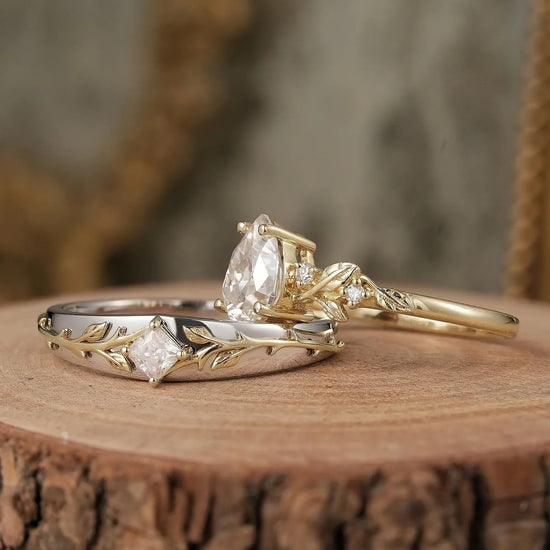 Leaf lnspired Moissanite Couple Ring Set - Lock & Key - GemsMagic