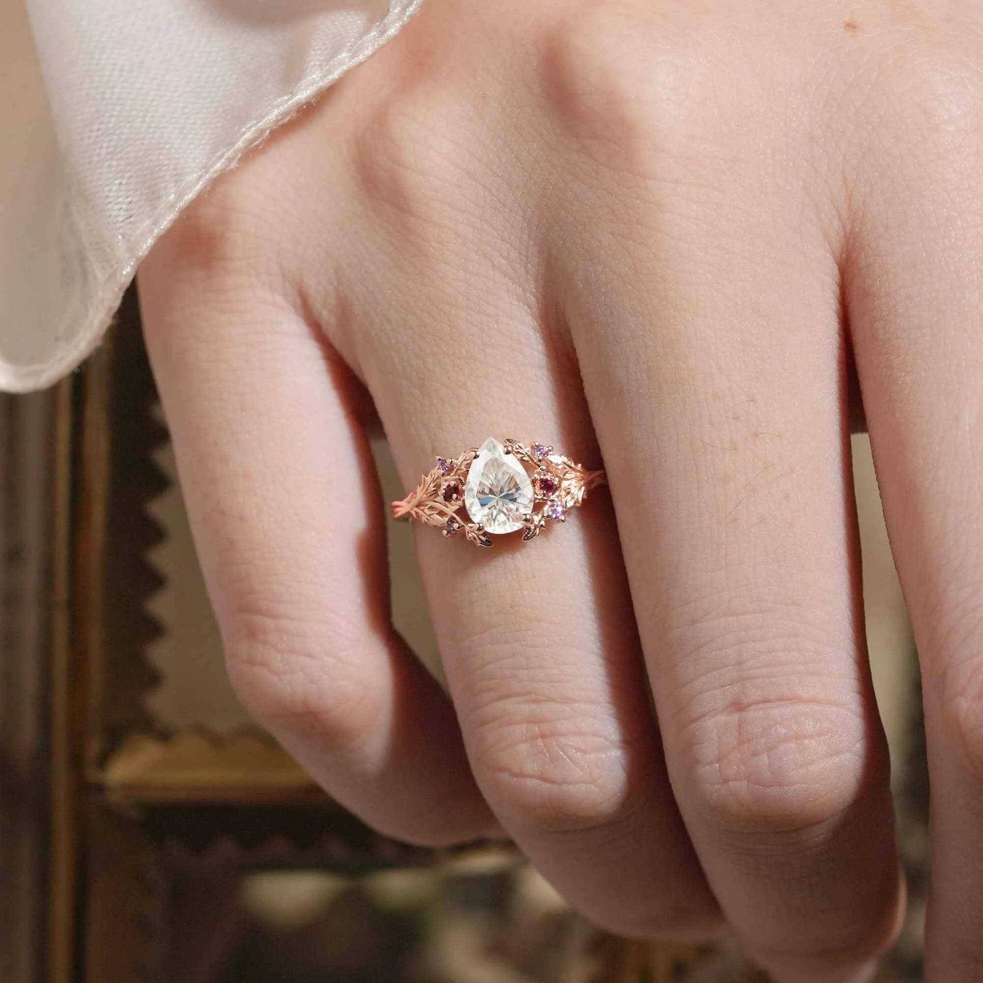 Leaf Moissanite & Ruby Engagement Ring - Matilda - GemsMagic