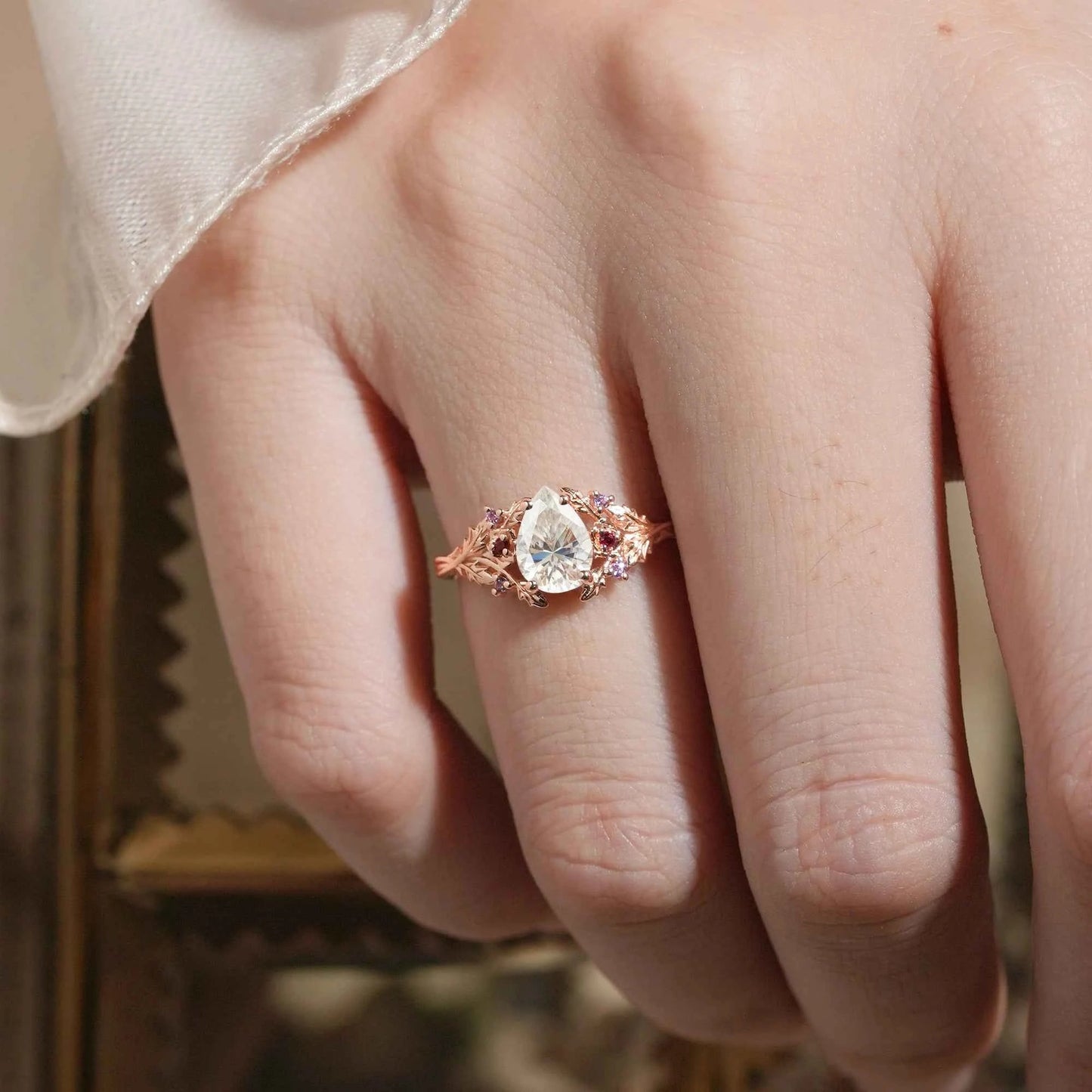 Leaf Moissanite & Ruby Engagement Ring - Matilda - GemsMagic