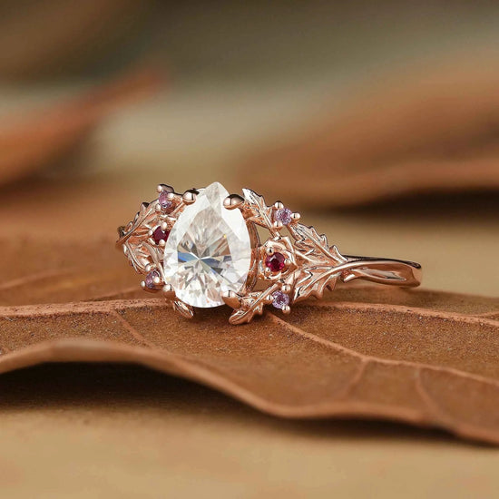 Leaf Moissanite & Ruby Engagement Ring - Matilda - GemsMagic