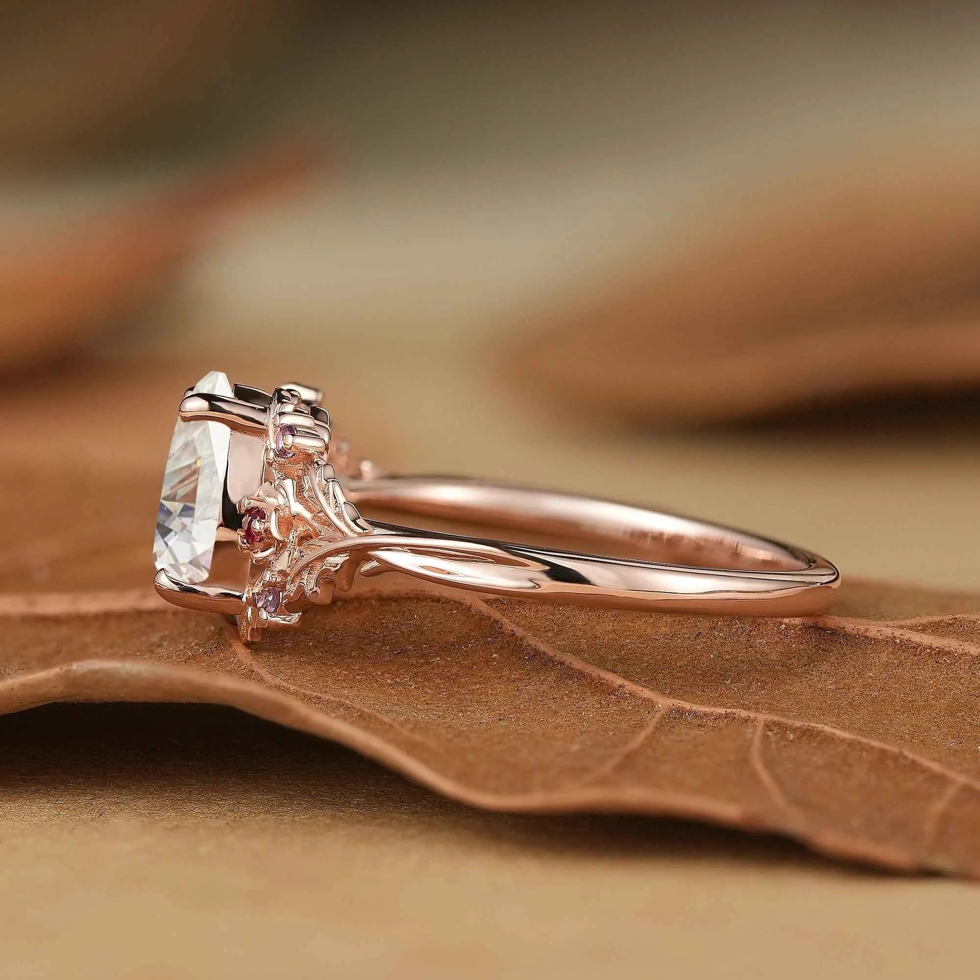 Leaf Moissanite & Ruby Engagement Ring - Matilda - GemsMagic