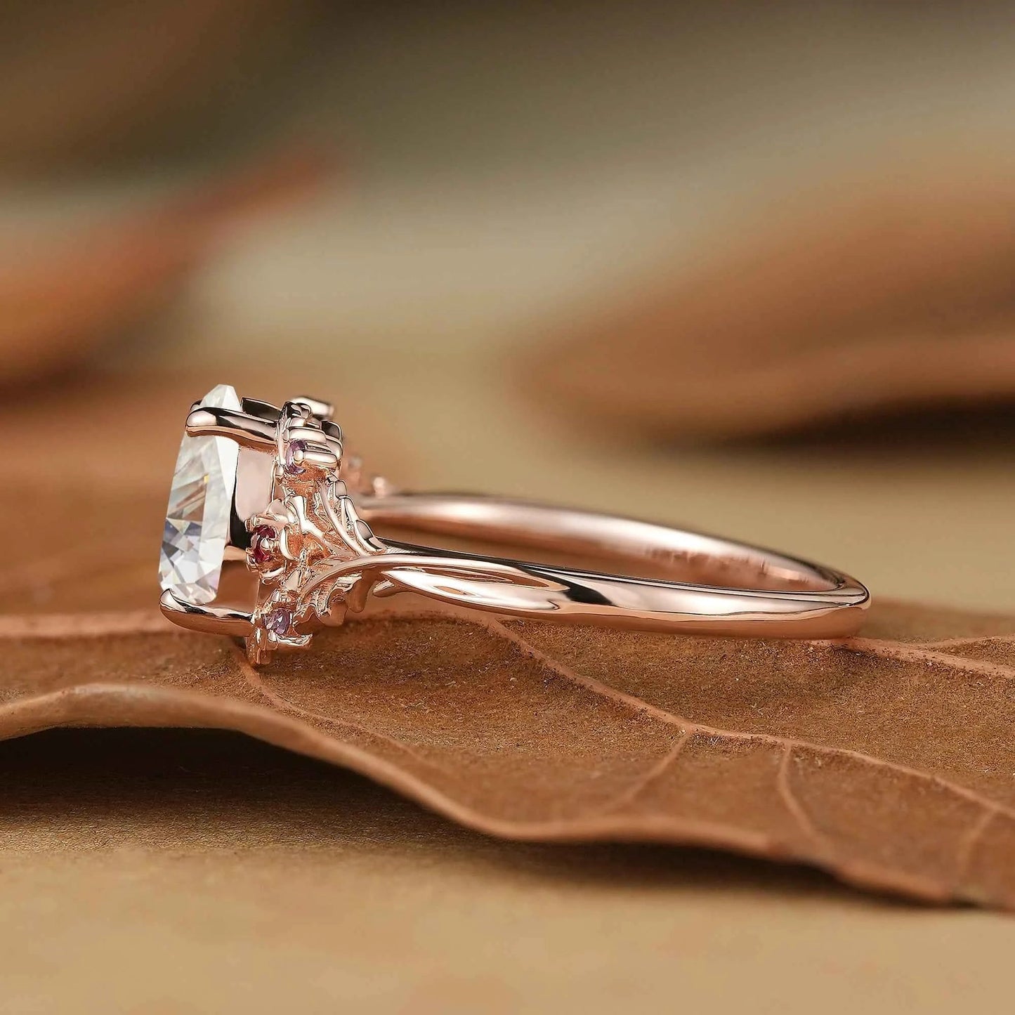 Leaf Moissanite & Ruby Engagement Ring - Matilda - GemsMagic