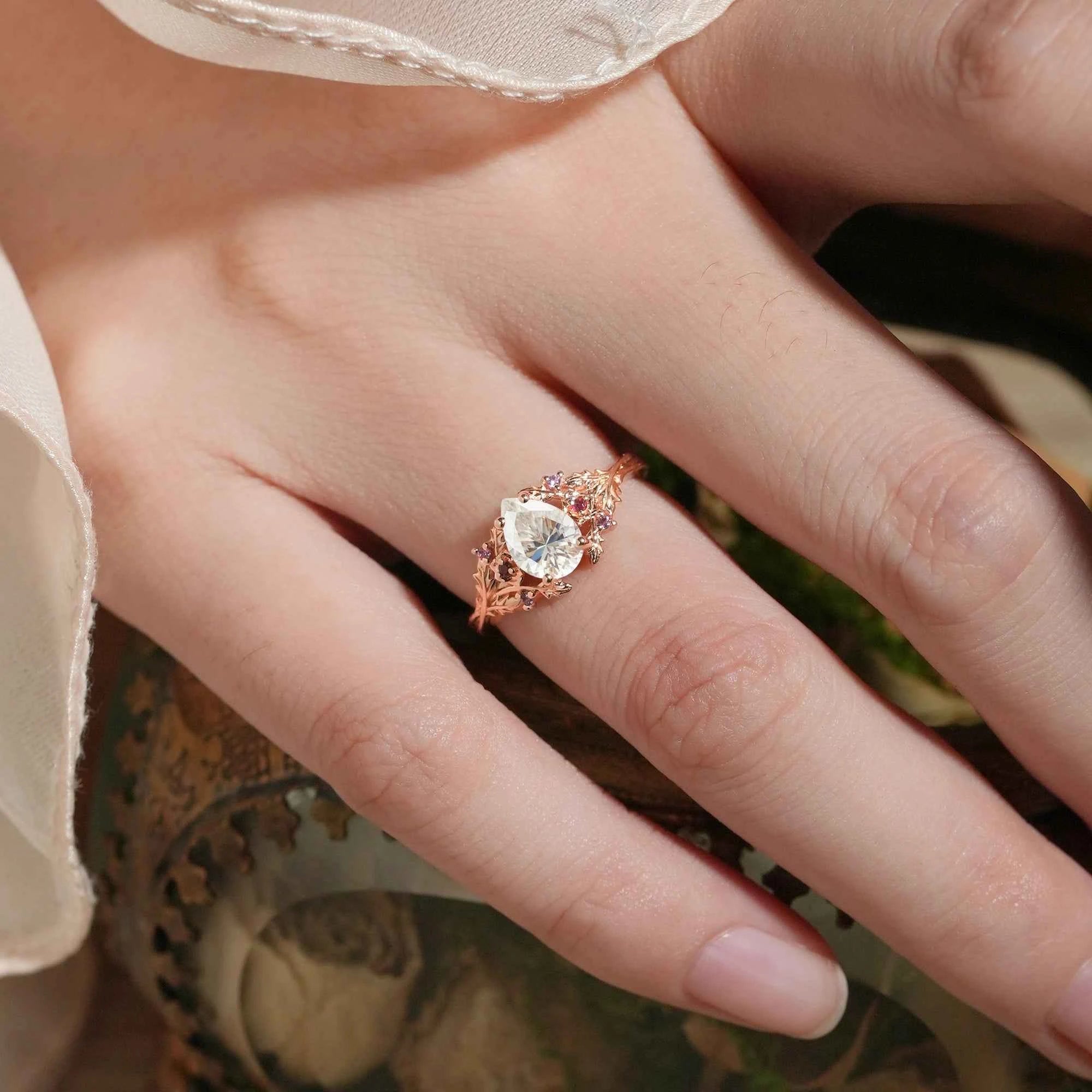 Leaf Moissanite & Ruby Engagement Ring - Matilda - GemsMagic