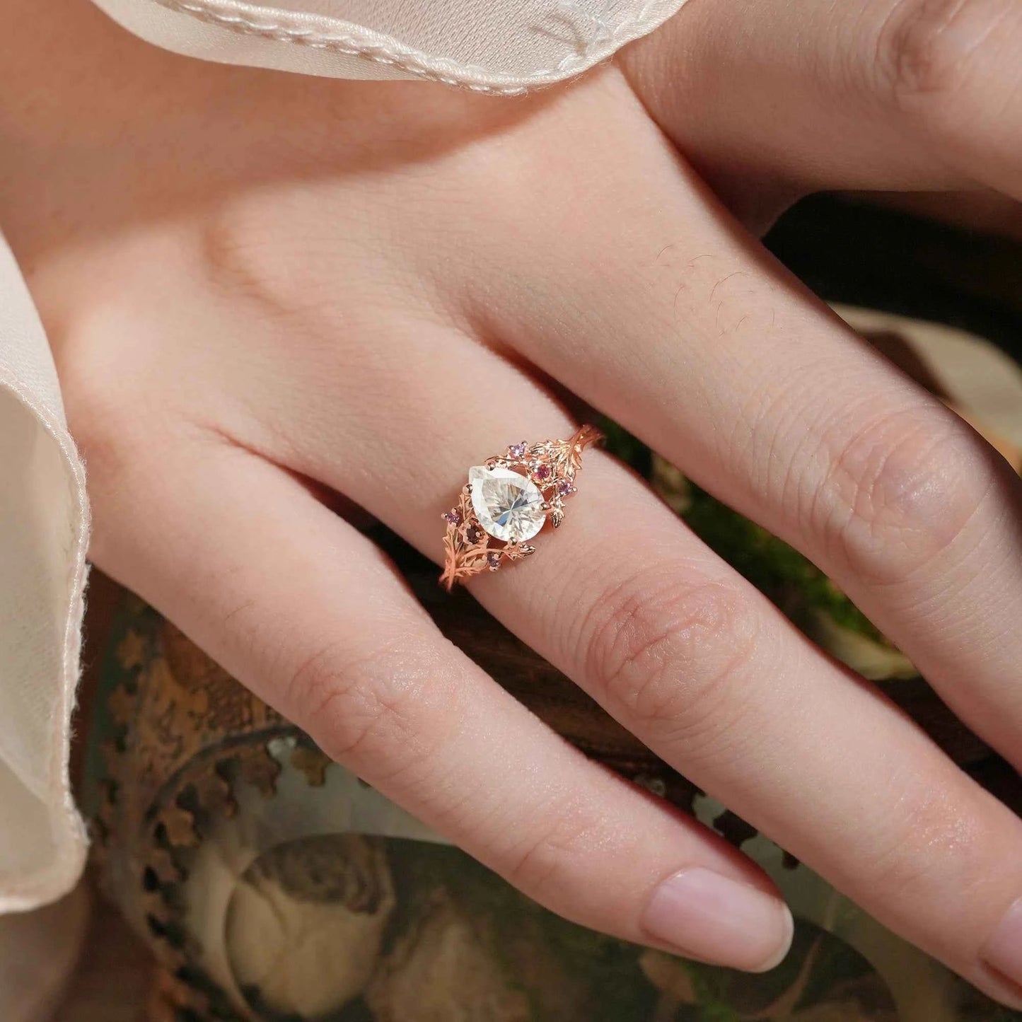 Leaf Moissanite & Ruby Engagement Ring - Matilda - GemsMagic