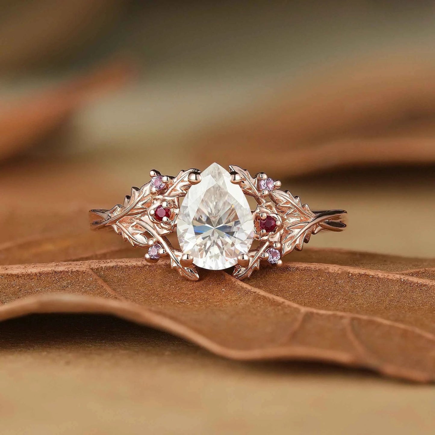 Leaf Moissanite & Ruby Engagement Ring - Matilda - GemsMagic