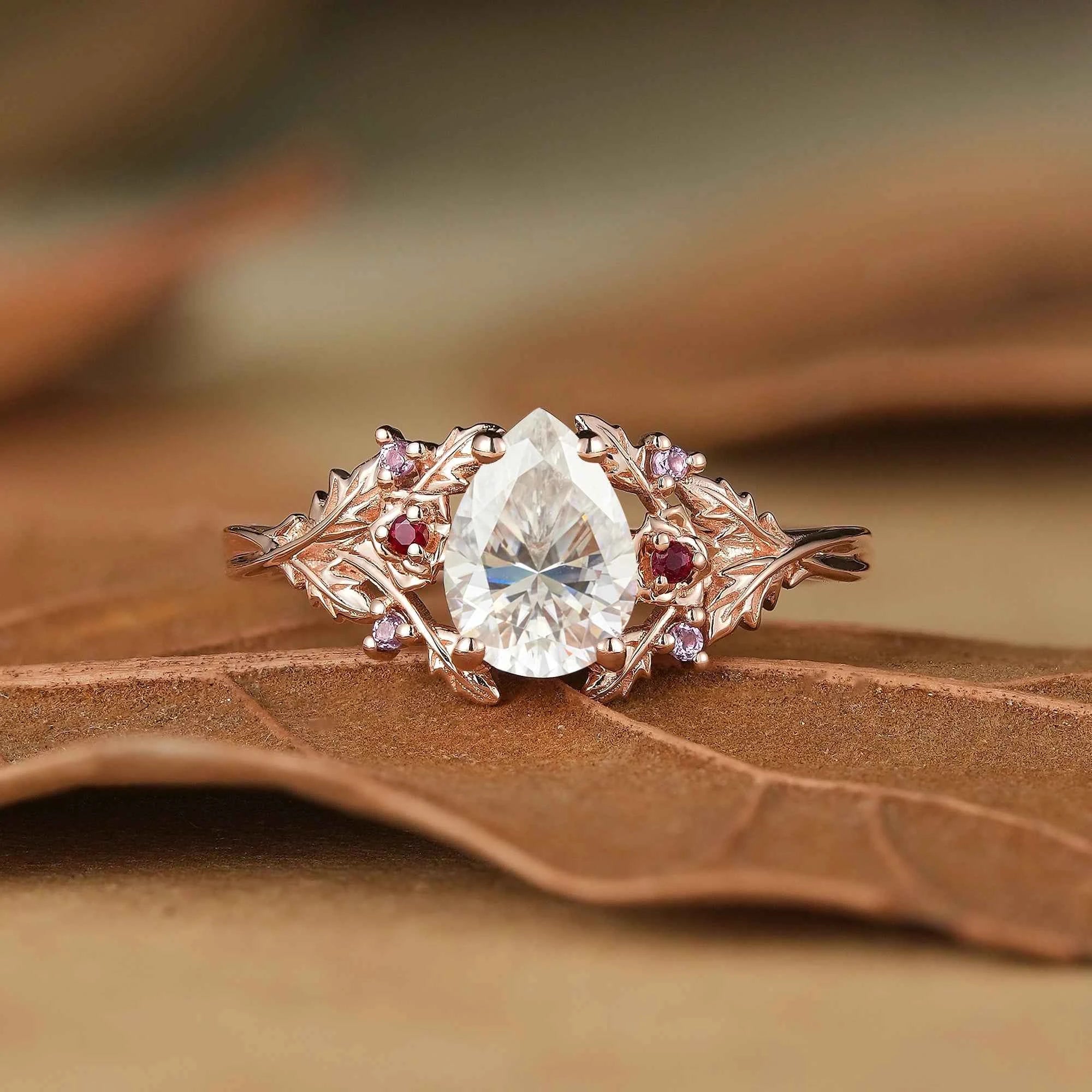 Leaf Moissanite & Ruby Engagement Ring - Matilda - GemsMagic