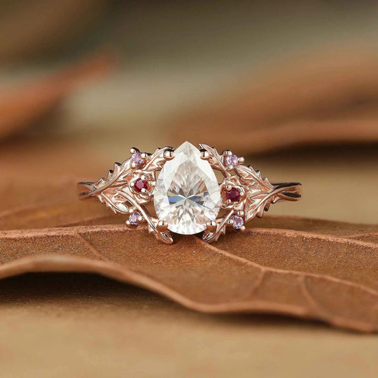 Leaf Moissanite & Ruby Engagement Ring - Matilda - GemsMagic
