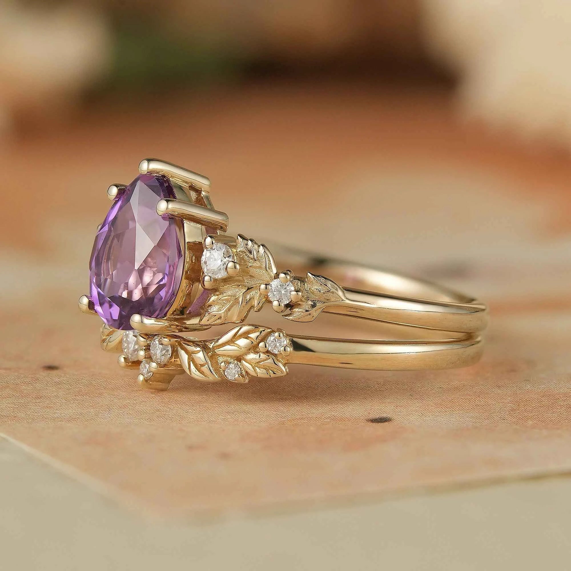 leafy Inspired Purple Sapphire & Moissanite Ring Set - Thalia - GemsMagic
