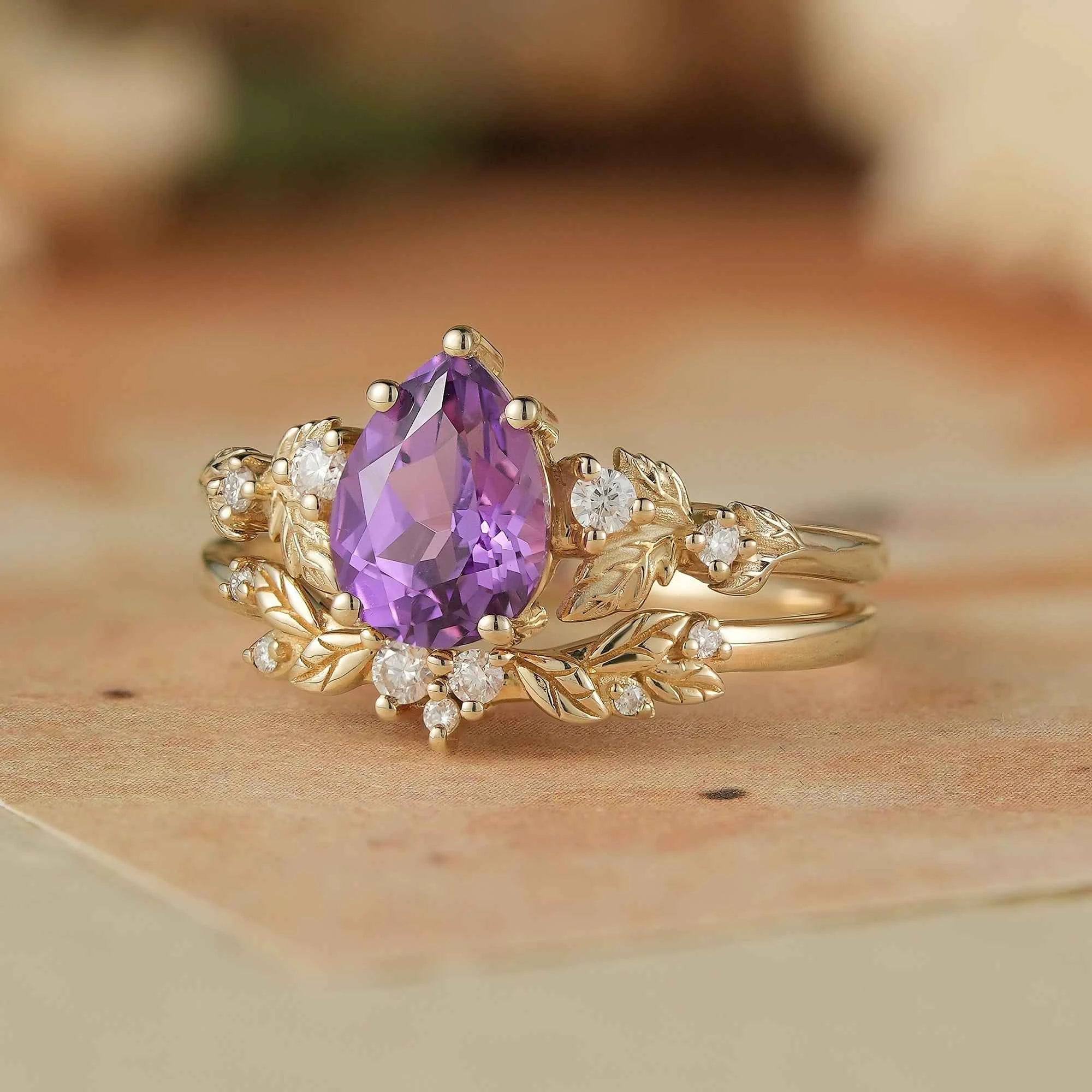 leafy Inspired Purple Sapphire & Moissanite Ring Set - Thalia - GemsMagic