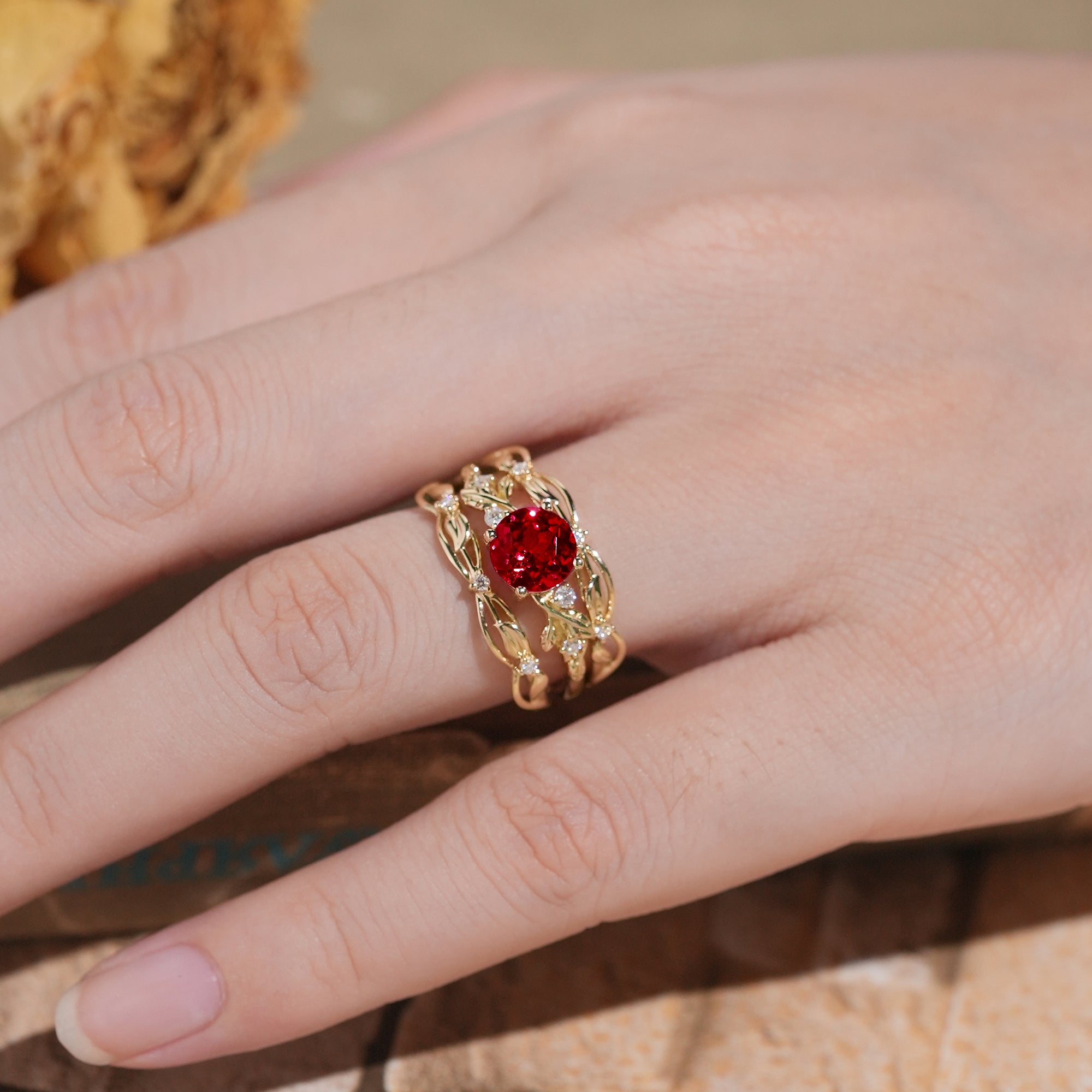 Leafy Inspired Ruby & Moissanite Enhancer Ring Set - Rue - GemsMagic