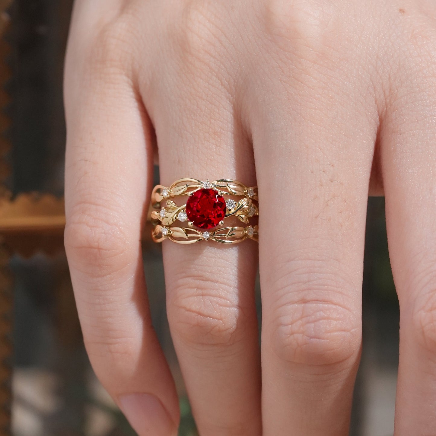 Leafy Inspired Ruby & Moissanite Enhancer Ring Set - Rue - GemsMagic