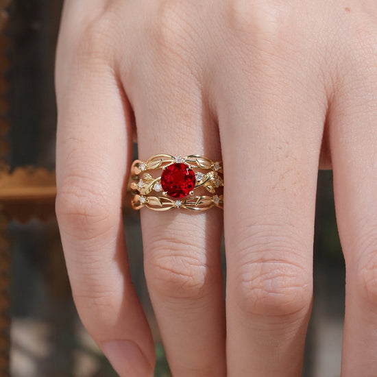 Leafy Inspired Ruby & Moissanite Enhancer Ring Set - Rue - GemsMagic