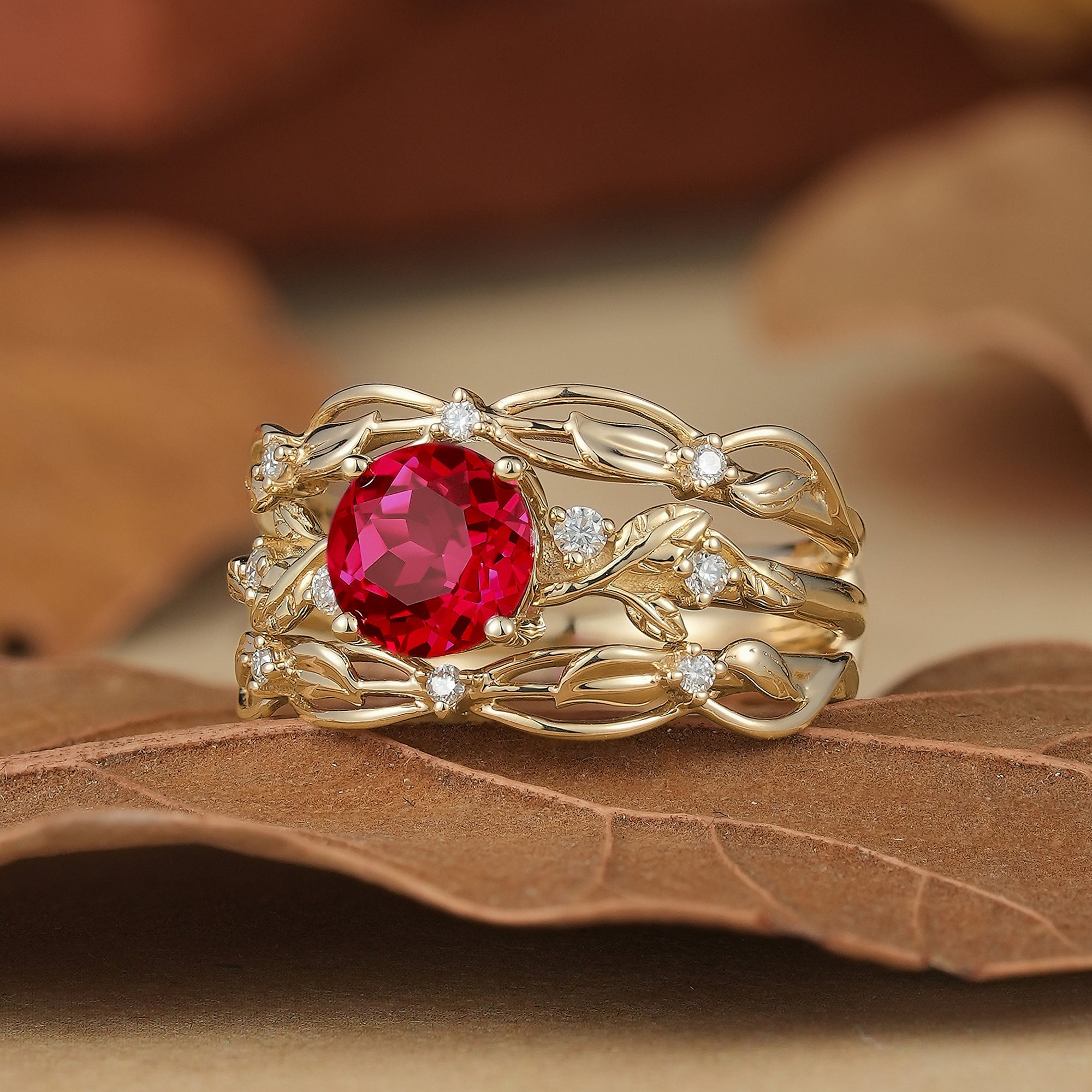 Leafy Inspired Ruby & Moissanite Enhancer Ring Set - Rue - GemsMagic