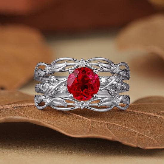 Leafy Inspired Ruby & Moissanite Enhancer Ring Set - Rue - GemsMagic