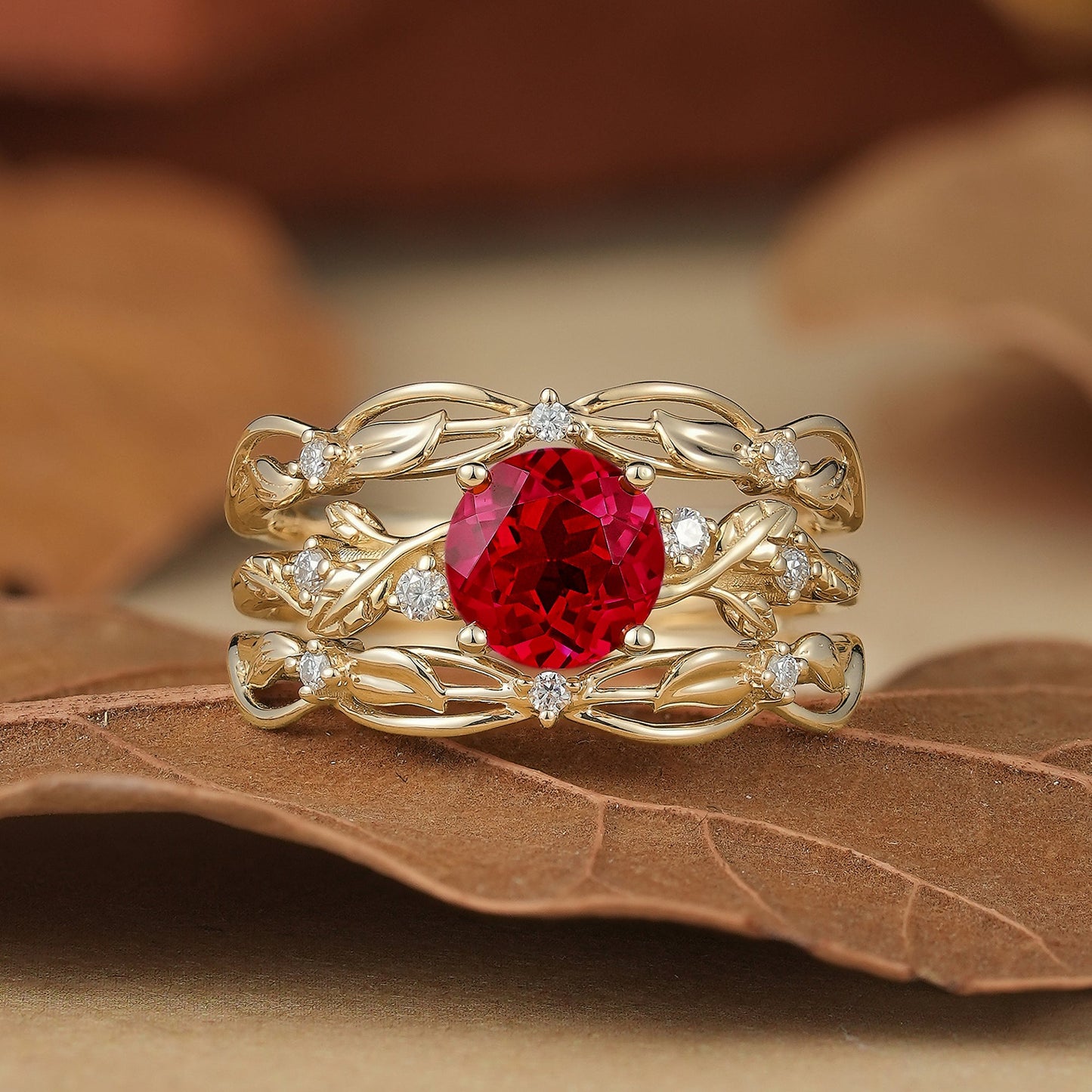 Leafy Inspired Ruby & Moissanite Enhancer Ring Set - Rue - GemsMagic