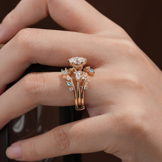 Leafy Oval Moissanite & Moss Agate Engagement Ring Set - Rowena - GemsMagic