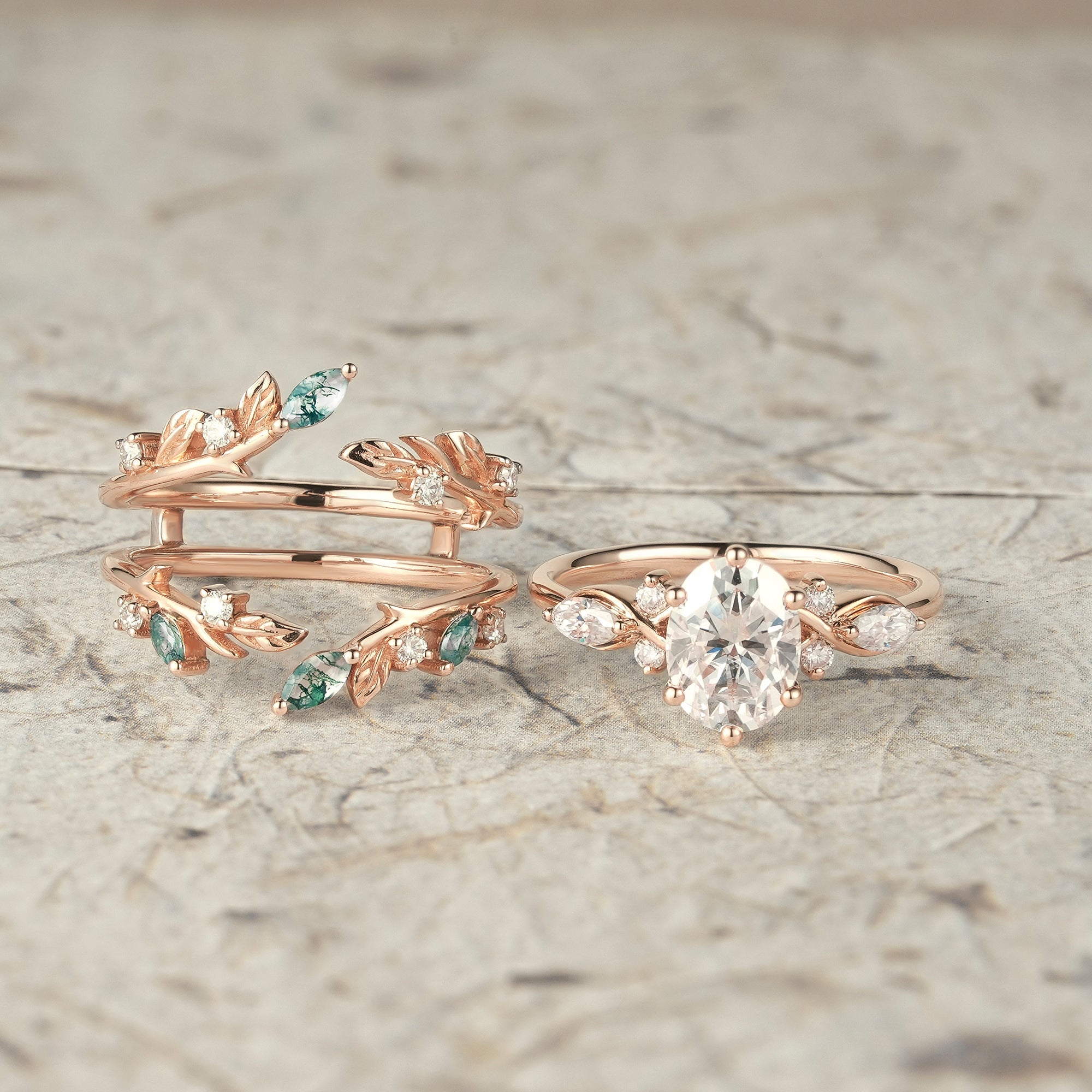 Leafy Oval Moissanite & Moss Agate Engagement Ring Set - Rowena - GemsMagic