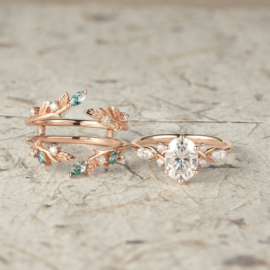 Leafy Oval Moissanite & Moss Agate Engagement Ring Set - Rowena - GemsMagic