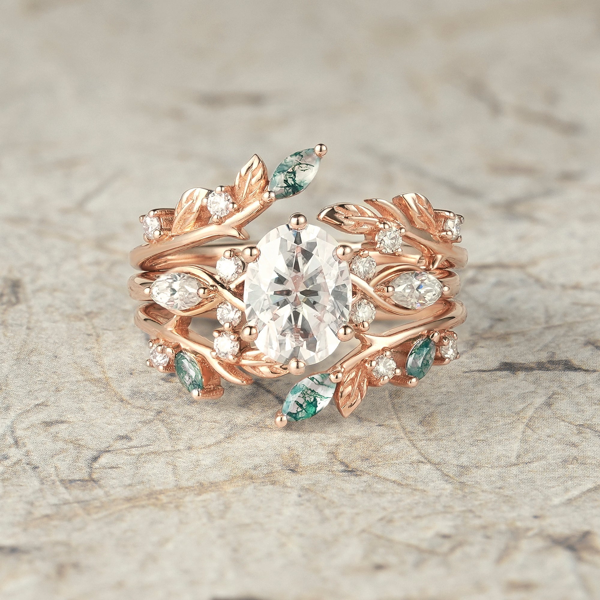 Leafy Oval Moissanite & Moss Agate Engagement Ring Set - Rowena - GemsMagic