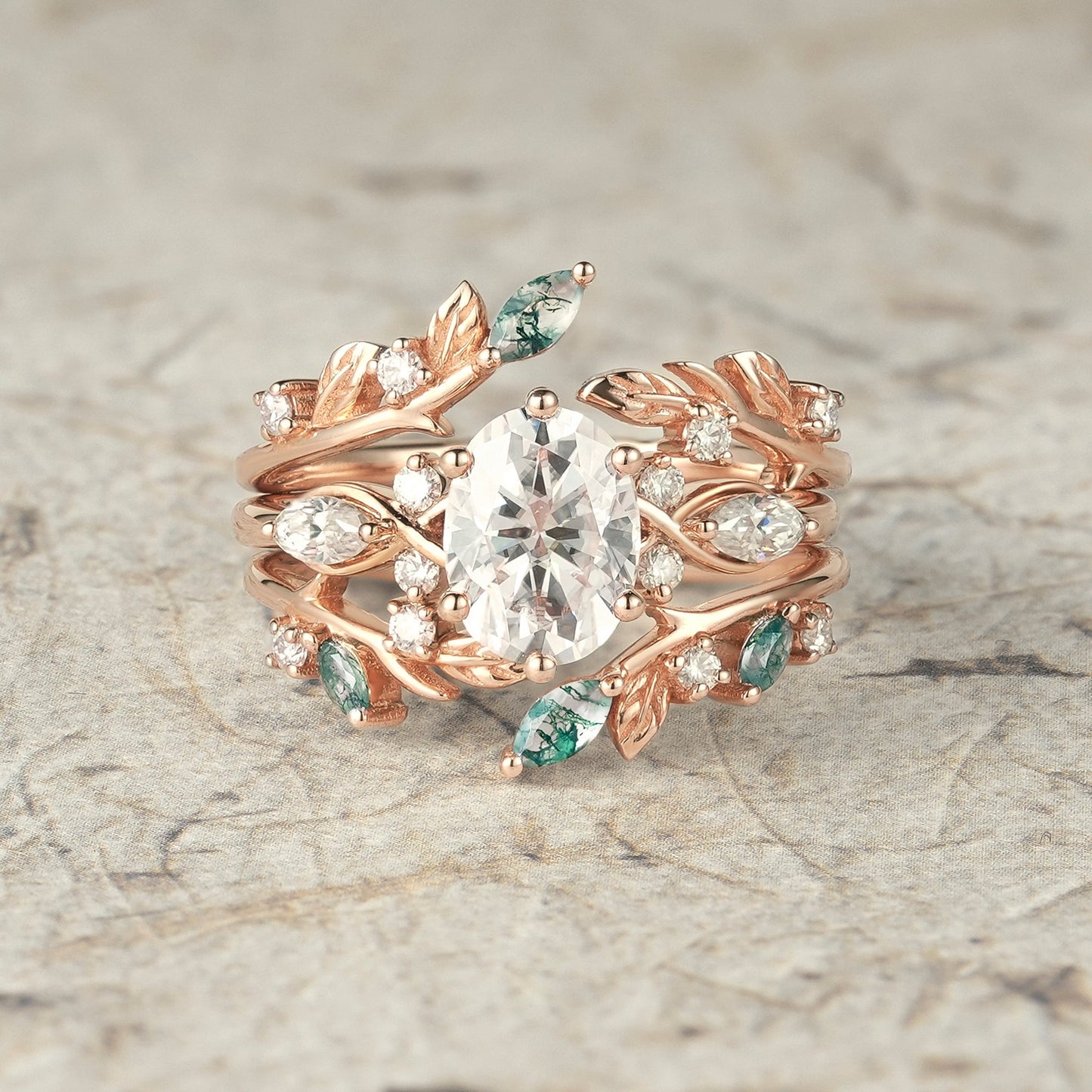 Leafy Oval Moissanite & Moss Agate Engagement Ring Set - Rowena - GemsMagic