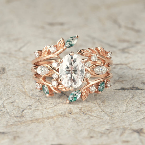Leafy Oval Moissanite & Moss Agate Engagement Ring Set - Rowena - GemsMagic