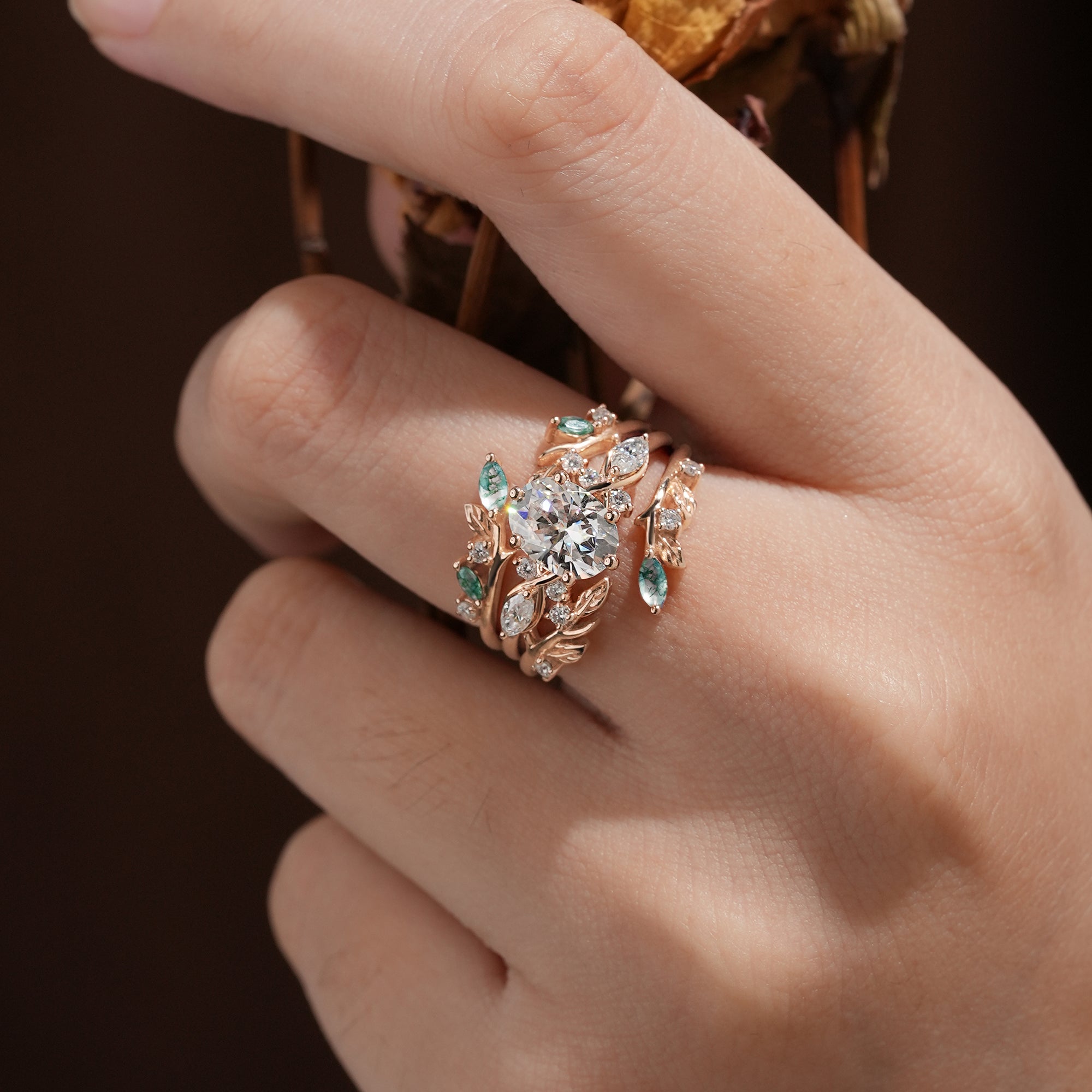 Leafy Oval Moissanite & Moss Agate Engagement Ring Set - Rowena - GemsMagic
