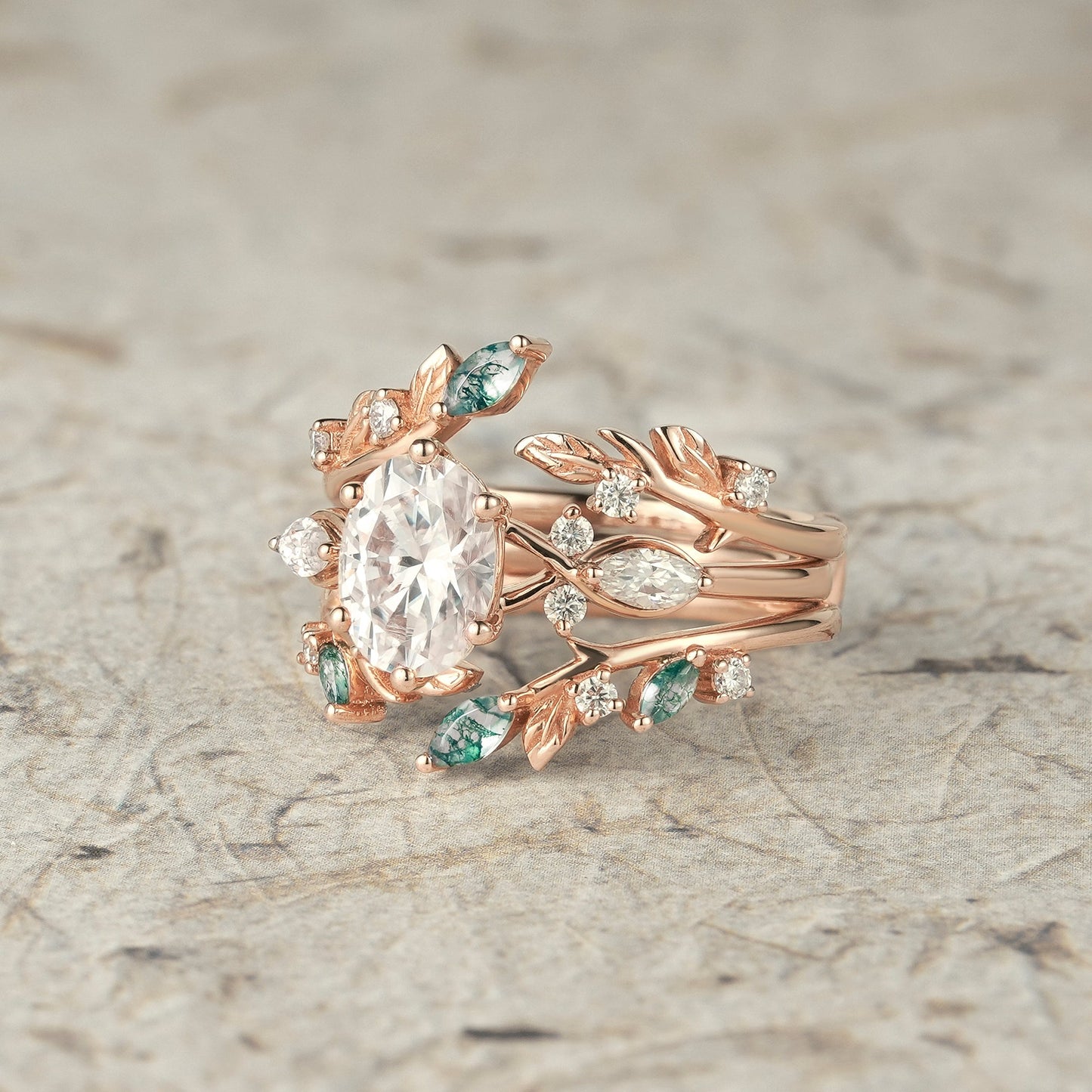 Leafy Oval Moissanite & Moss Agate Engagement Ring Set - Rowena - GemsMagic