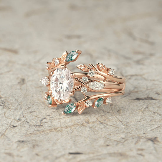 Leafy Oval Moissanite & Moss Agate Engagement Ring Set - Rowena - GemsMagic