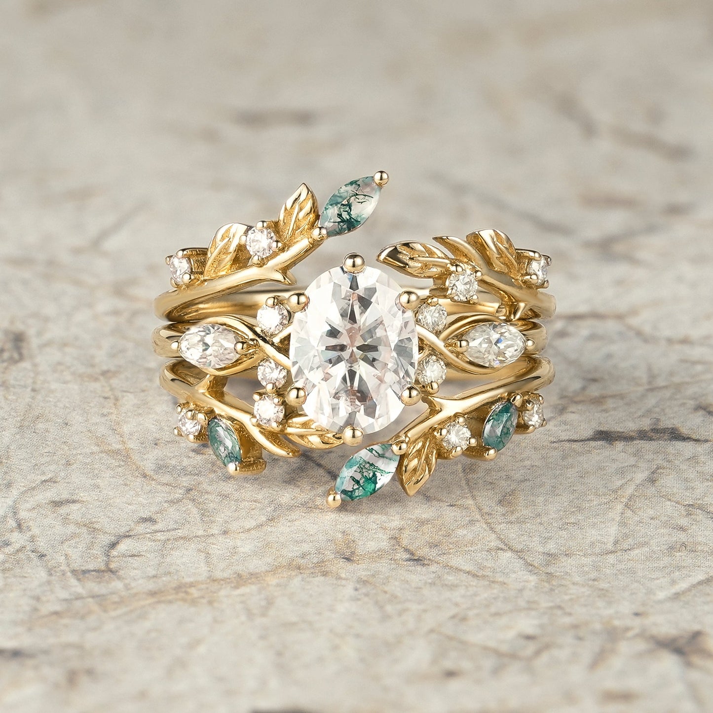 Leafy Oval Moissanite & Moss Agate Engagement Ring Set - Rowena - GemsMagic