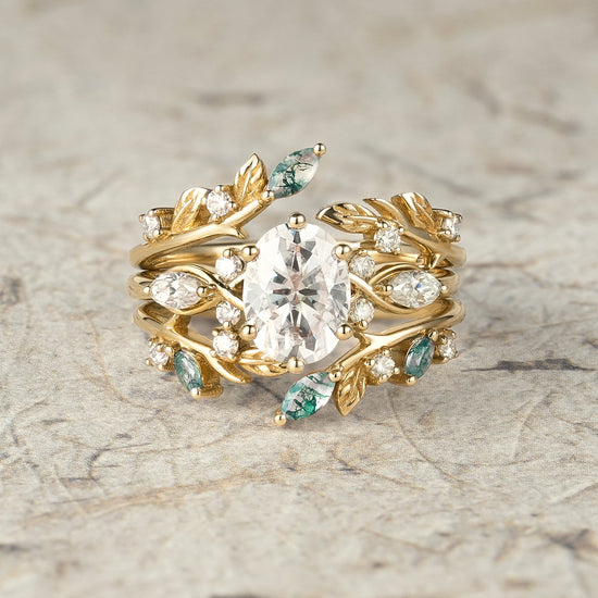 Leafy Oval Moissanite & Moss Agate Engagement Ring Set - Rowena - GemsMagic