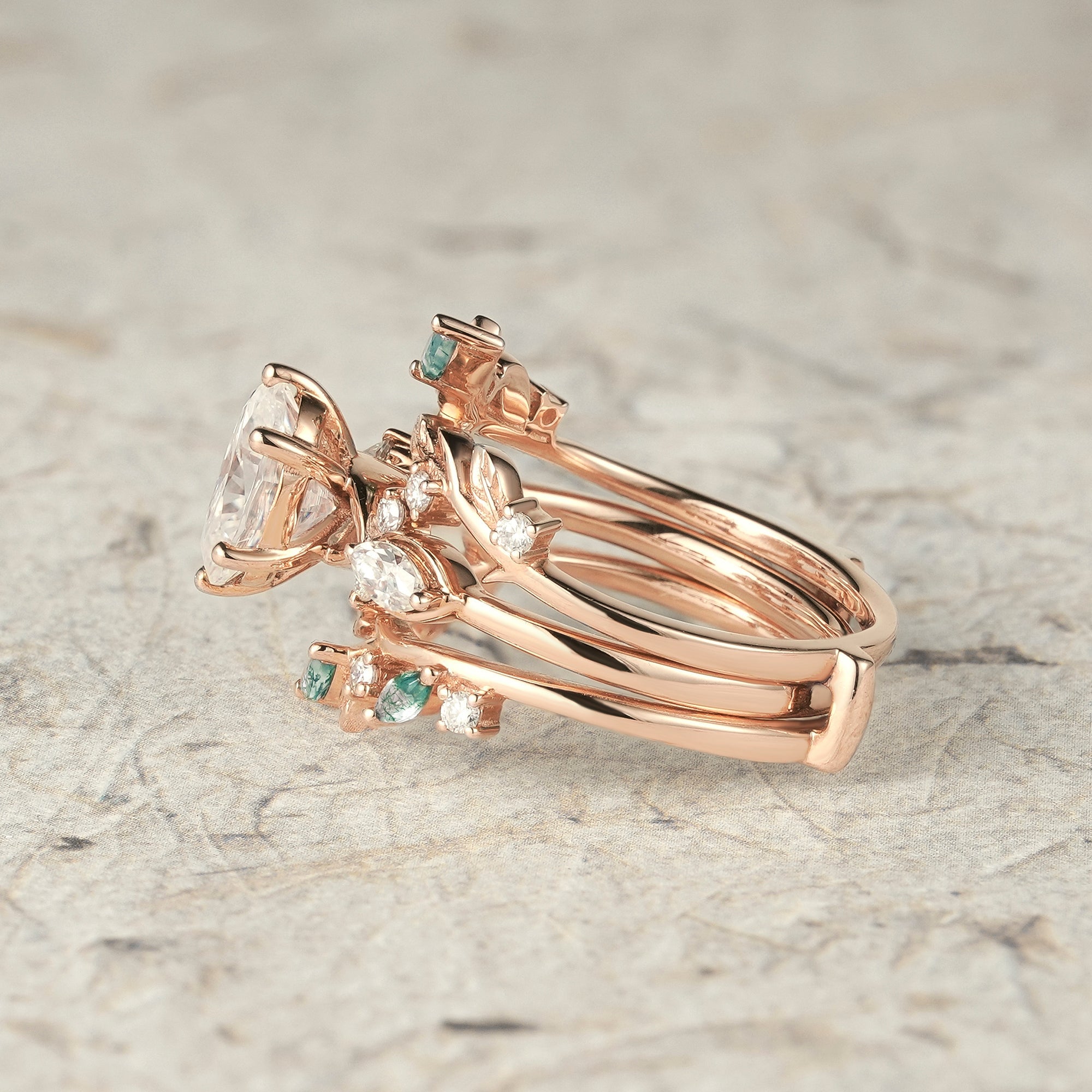 Leafy Oval Moissanite & Moss Agate Engagement Ring Set - Rowena - GemsMagic