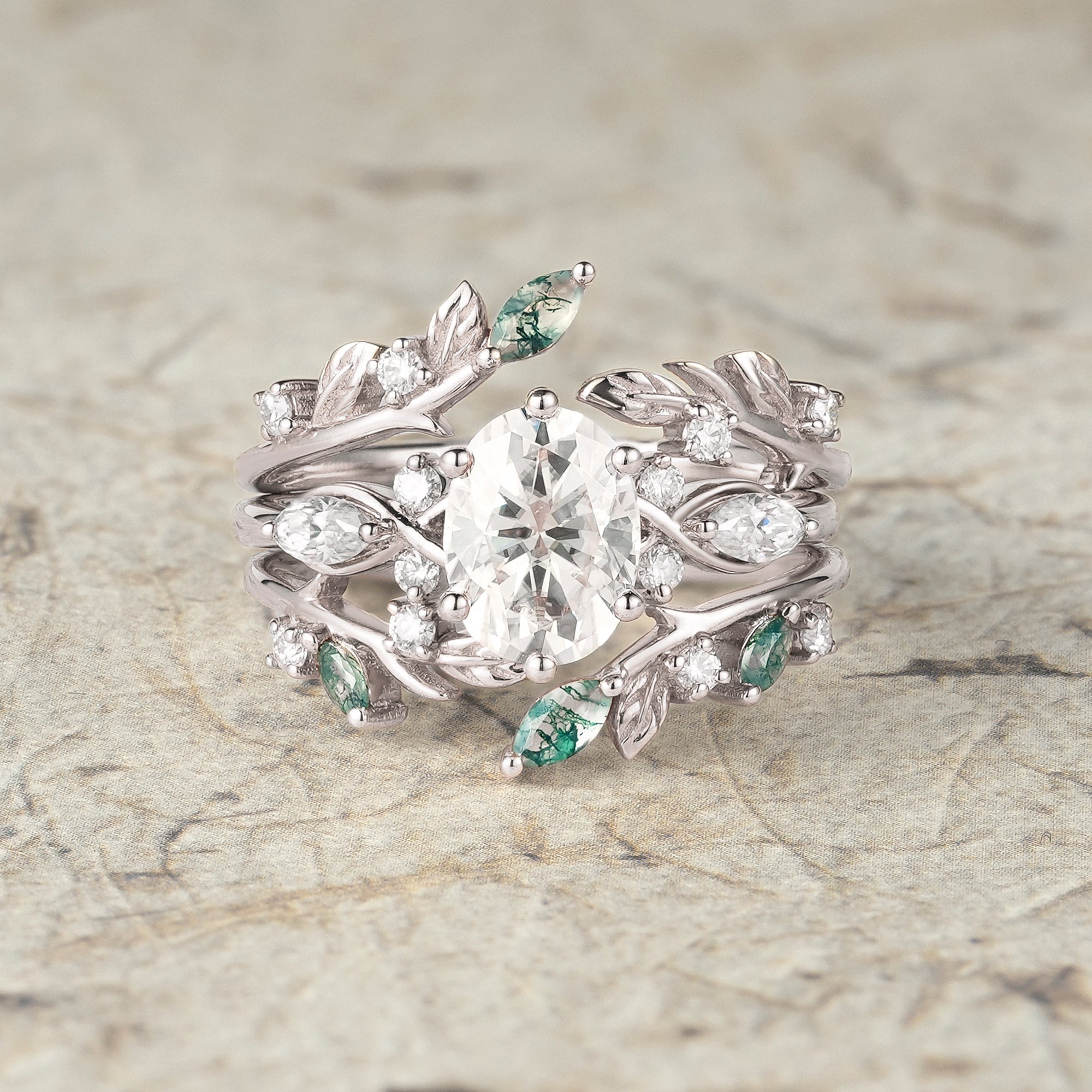 Leafy Oval Moissanite & Moss Agate Engagement Ring Set - Rowena - GemsMagic