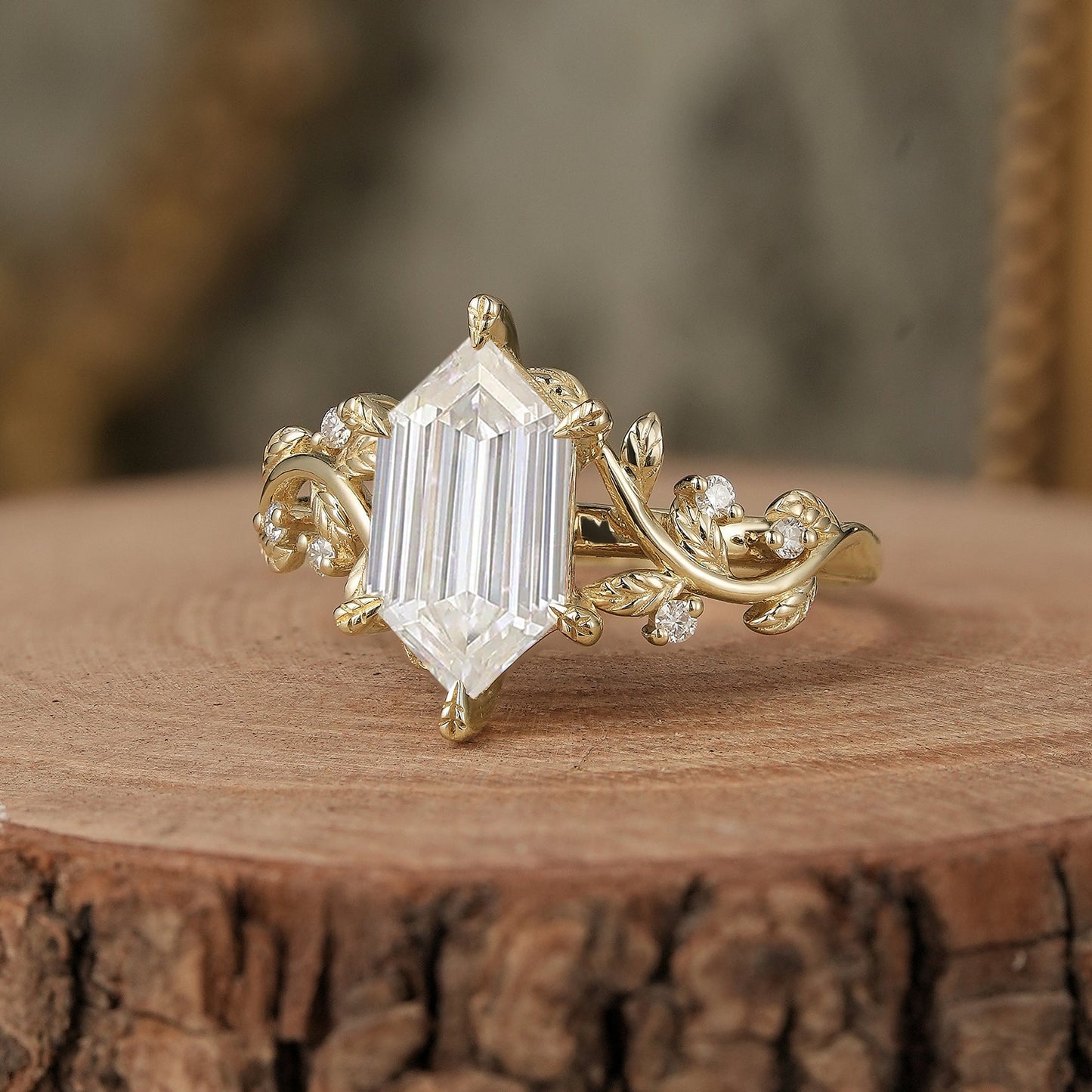 Long - hexagon Moissanite Engagement Ring - Sylvaine - GemsMagic