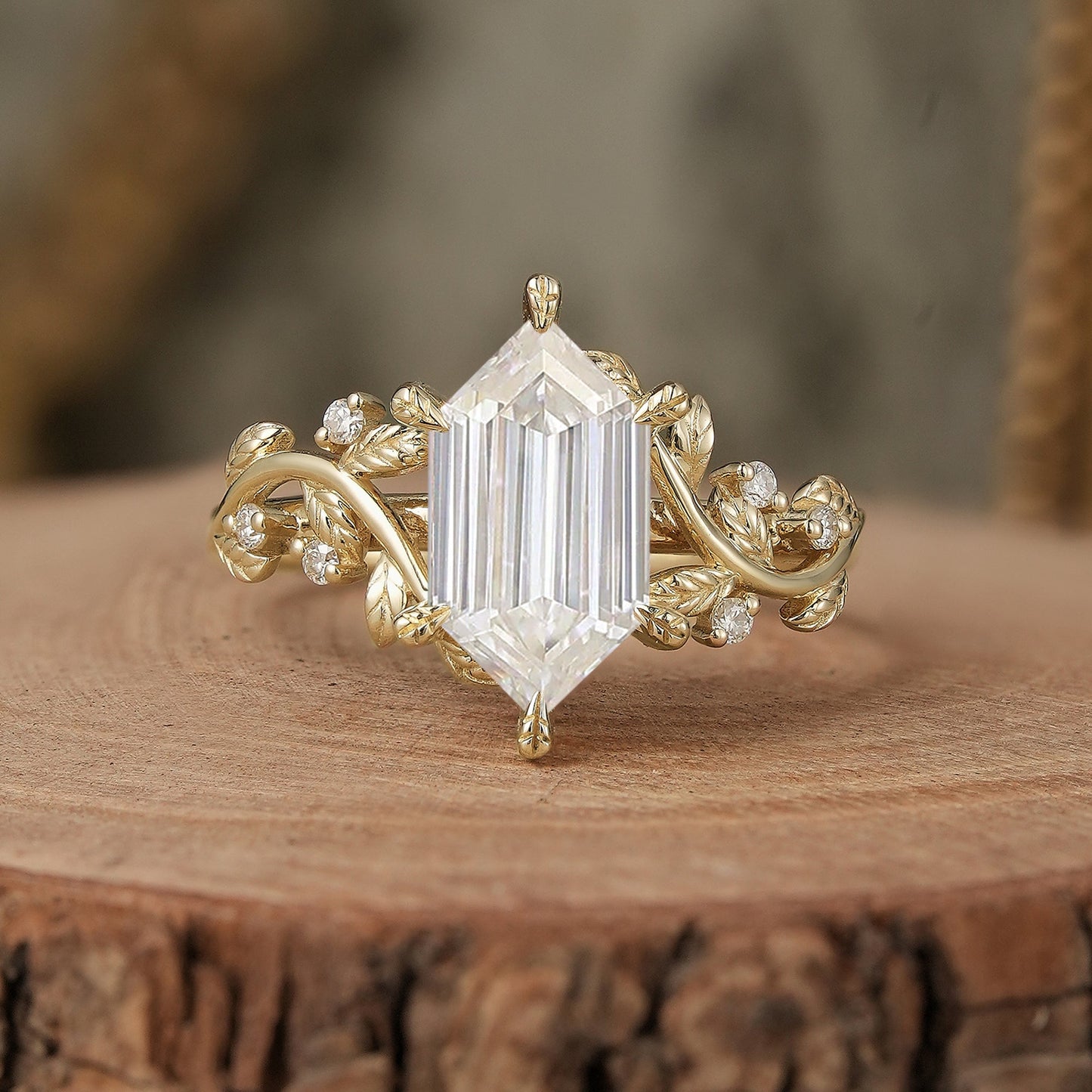 Long - hexagon Moissanite Engagement Ring - Sylvaine - GemsMagic