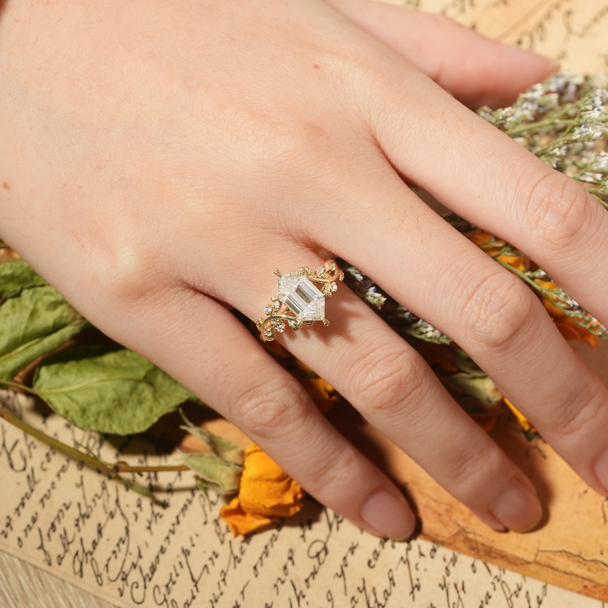 Long - hexagon Moissanite Engagement Ring - Sylvaine - GemsMagic