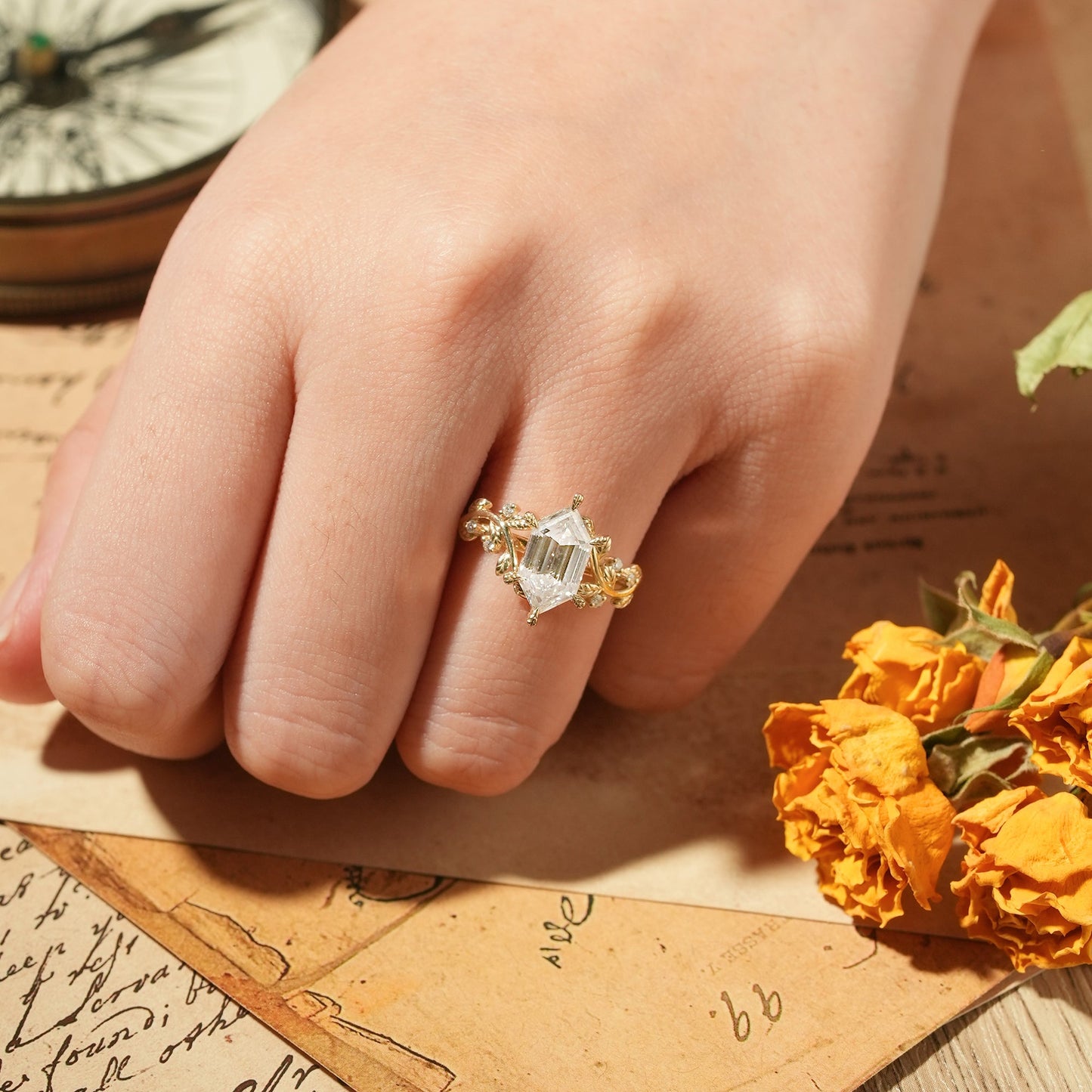 Long - hexagon Moissanite Engagement Ring - Sylvaine - GemsMagic