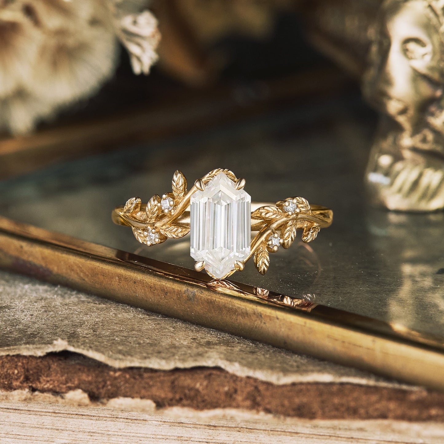 Long - hexagon Moissanite Leaf Design Engagement Ring - GemsMagic - GemsMagic