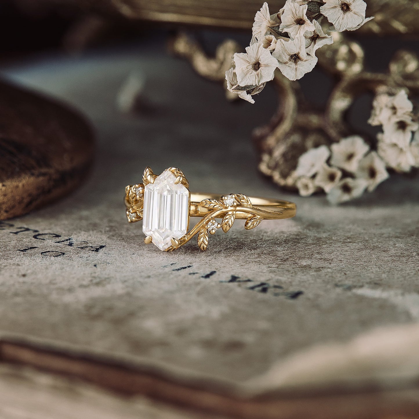 Long - hexagon Moissanite Leaf Design Engagement Ring - GemsMagic - GemsMagic