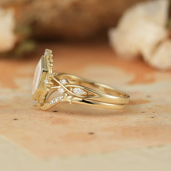 Long Hexagon Portrait Cut Moissanite Ring Set 2pcs - Calla - GemsMagic - GemsMagic