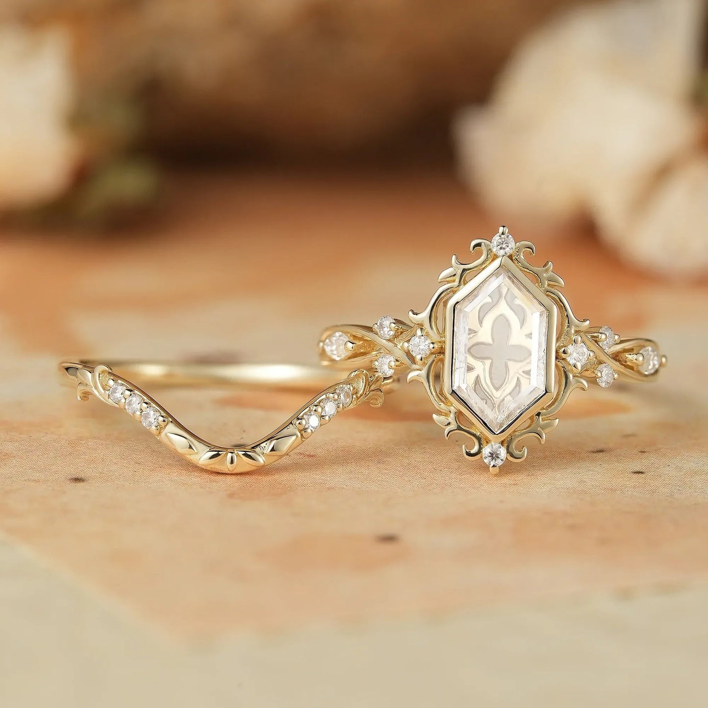 Long Hexagon Portrait Cut Moissanite Ring Set 2pcs - Calla - GemsMagic - GemsMagic