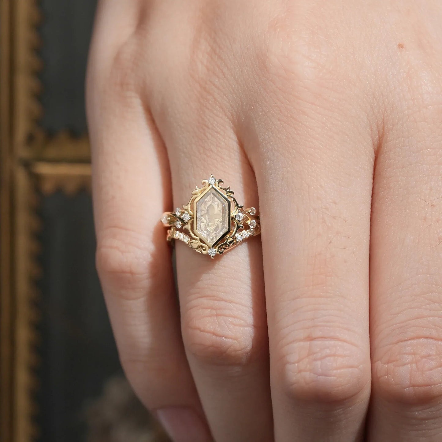 Long Hexagon Portrait Cut Moissanite Ring Set 2pcs - Calla - GemsMagic - GemsMagic