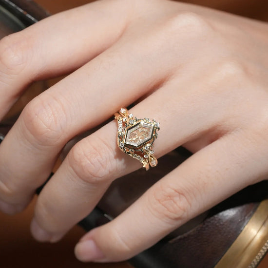 Long Hexagon Portrait Cut Moissanite Ring Set 2pcs - Calla - GemsMagic - GemsMagic