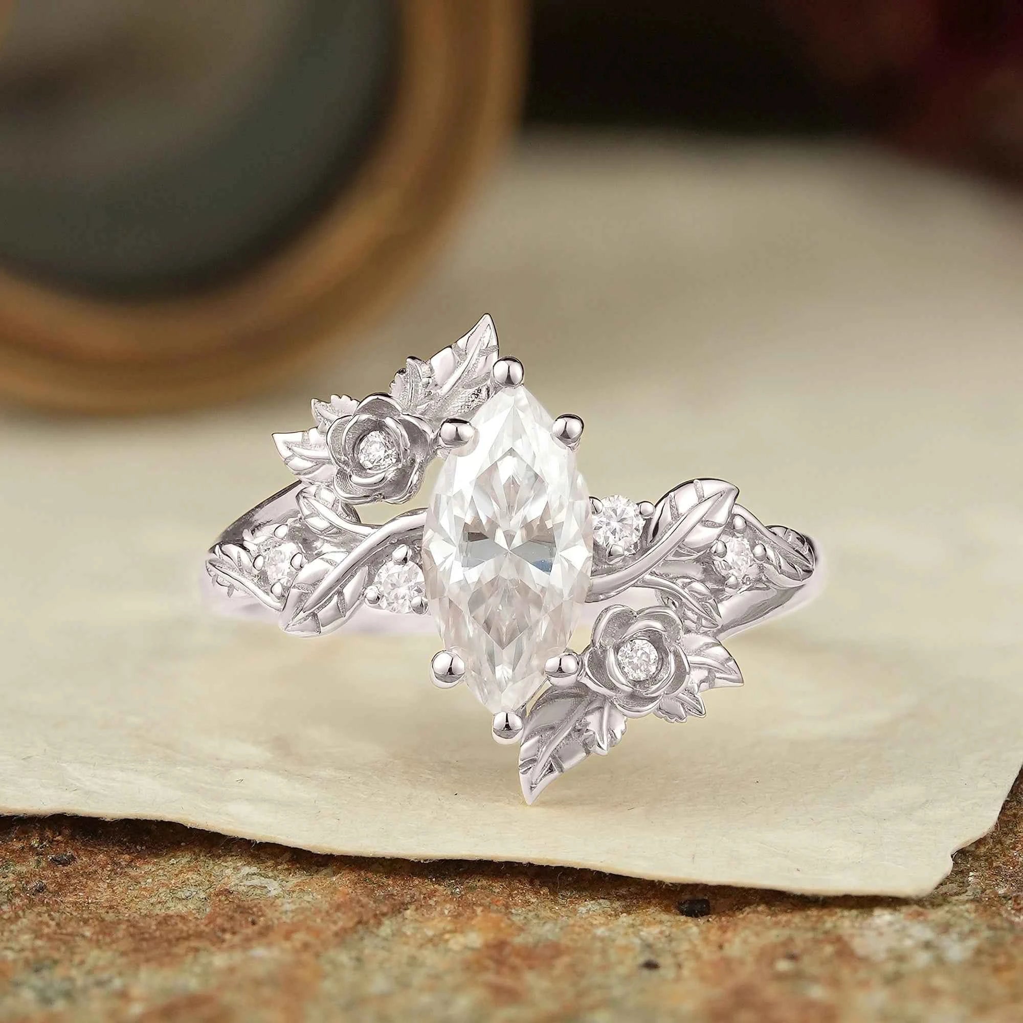 Marquise Cut Moissanite Flower Inspired Engagement Ring - Rose Blossom - GemsMagic